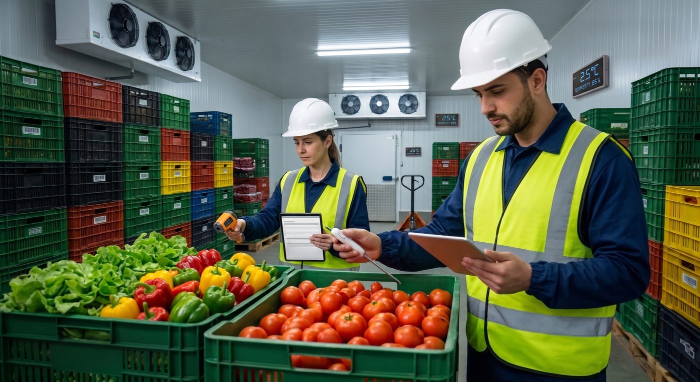 Equipe da Vita Quali auditando câmara fria e conferindo temperatura e qualidade de hortaliças no estoque