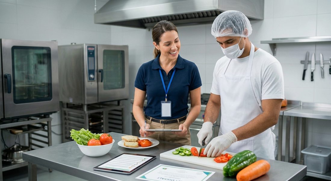 Consultora da Vita Quali acompanhando manipulador de alimentos durante o preparo em cozinha profissional